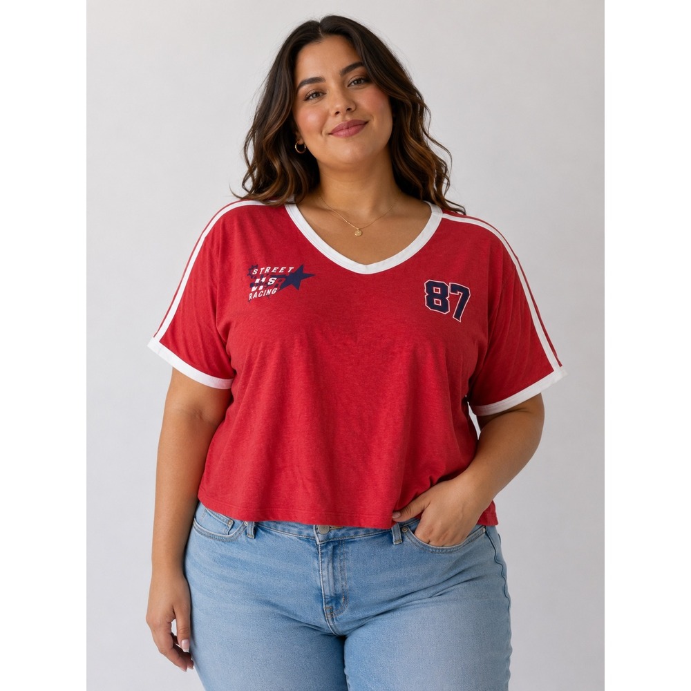 Outlaw Red Street Racing 87 V-Neck Graphic Ringer Tee Short Sleeve‎ XL